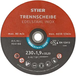 Stier, Sägeblatt, Trennscheibe / Flexscheibe 230 x 1,9 x 22,23 mm gekröpft Inox / Edelstahl