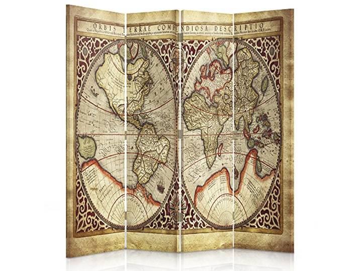 Feeby Frames. Raumteiler, Gedruckten auf Canvas, Leinwand Wandschirme, dekorative Trennwand, Paravent beidseitig, 4 teilig, 360° (145x180 cm), Weltkarte, GLOBUS, Welt, Planet, Vintage, BRAUN