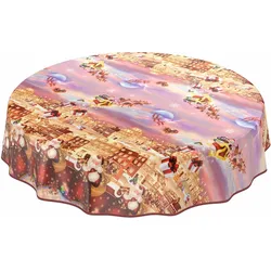 Weihnachtstischdecke Wachstuch Tischdecke abwaschbar Weihnachten Geschenke - Rund 100 cm, Paspelband (Eingefasst)