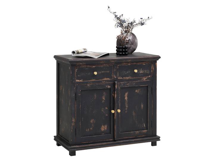 Ambia Home Kommode, Schwarz, Holz, Akazie, vollmassiv, Used look, 2 Fächer, 2 Schublade(n) Schubladen, 90x85x42 cm, Holzmöbel, Kleinmöbel Holz, Holzkommoden