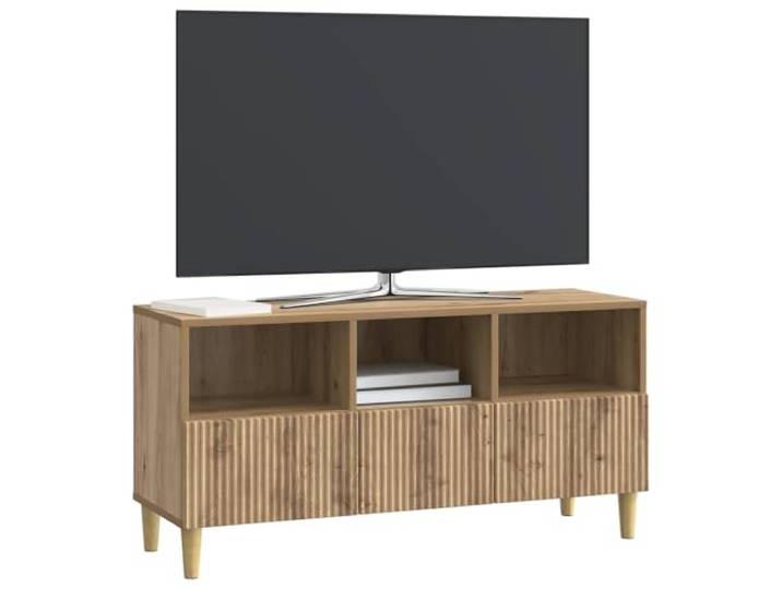 GKHPYURE TV-Schrank mit 3 Schubladen, Eichenholz, handgefertigt, 102 x 34,5 Technisches Holz, braune konische Beine, großer Stauraum, vielseitig einsetzbar für Wohnzimmer oder Arbeitszimmer