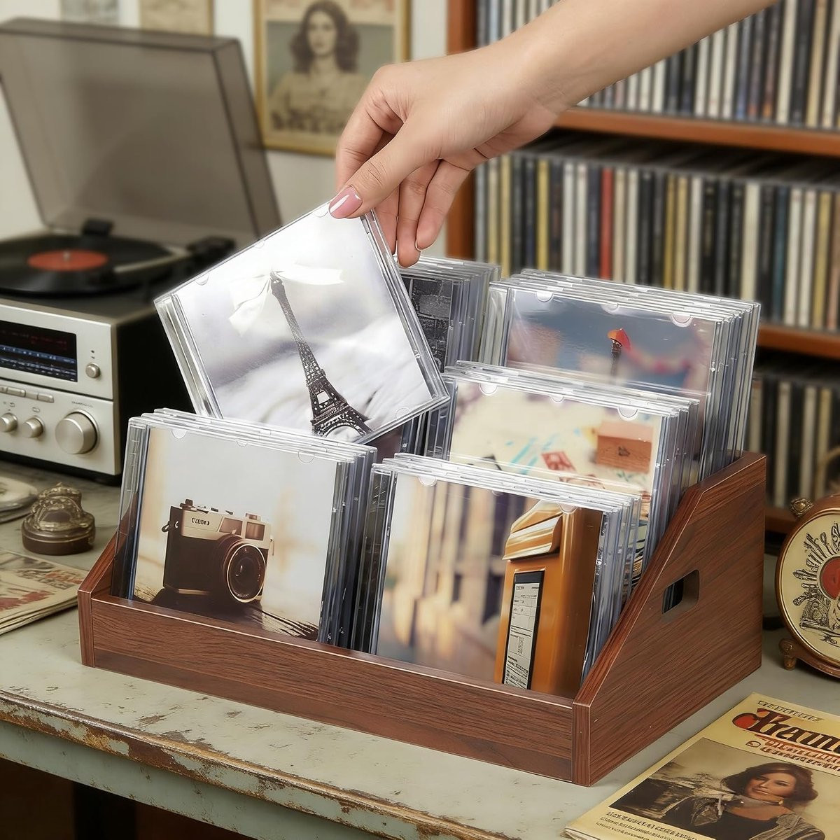 Houten CD- en DVD-organizer met 3 niveaus