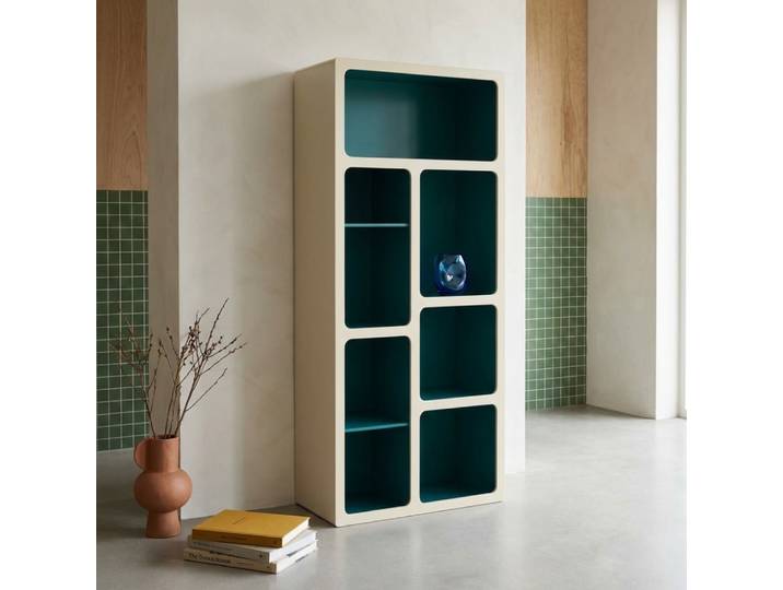 Etagère bibliothèque organique décor bois 8 compartiments bleu -