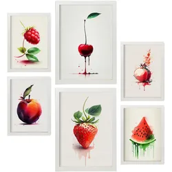 POSTER Set Mit 6 Rote Früchte Plakate Von Obst, Gemüse & Gesunden Lebensmitteln Im Aquarell Kunst Auf Reinweißen Hintergründen A3 & A4 Weißer Rahmen