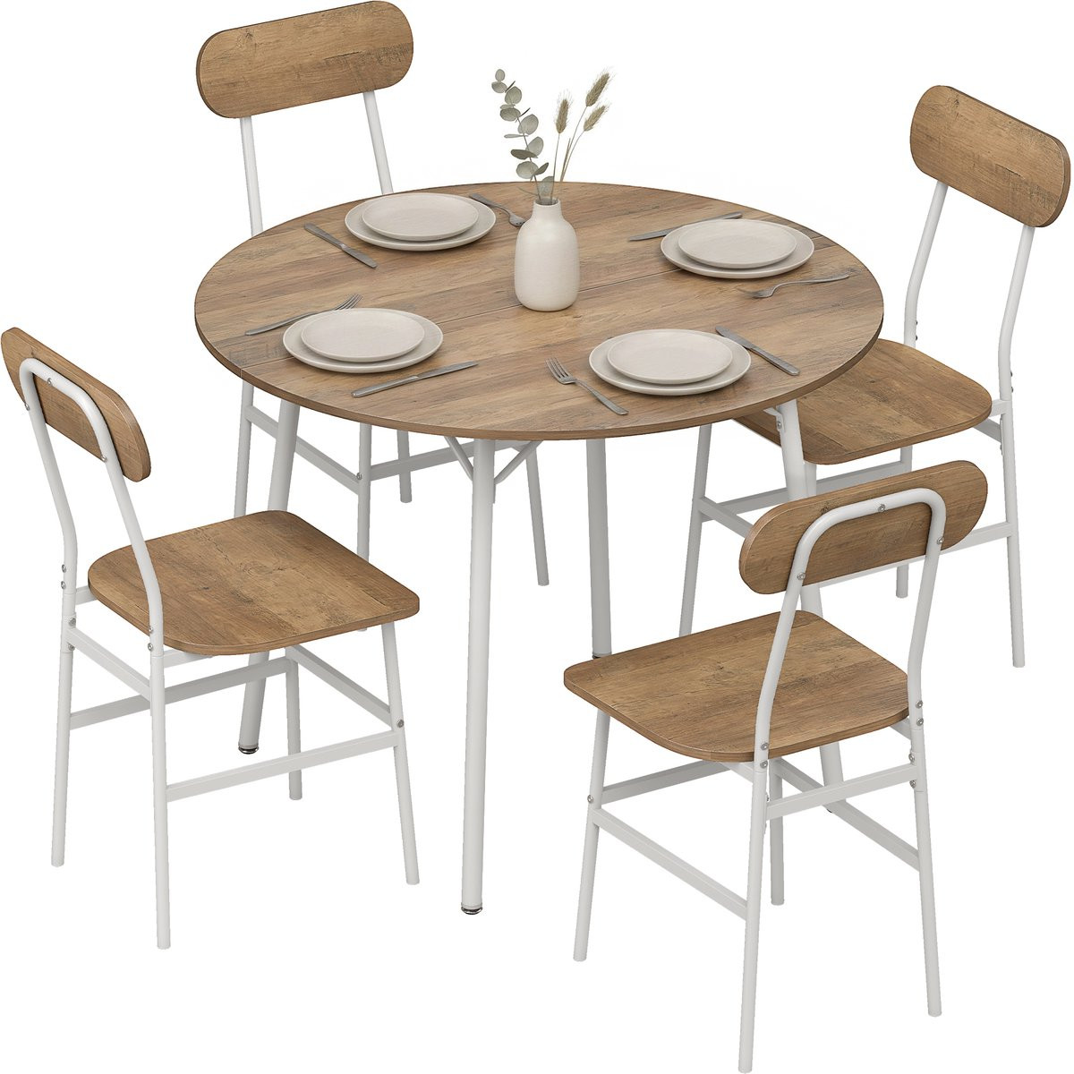 Lunpog 5-delige eetkamer set met houten eettafel en 4 stoelen in industriële stijl