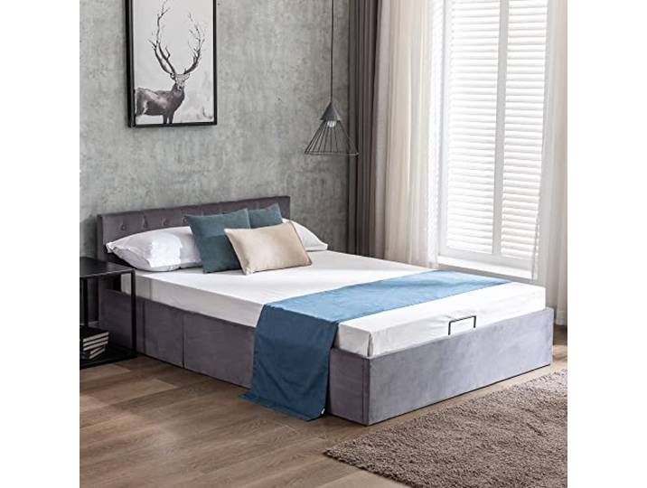 Mielvu Samtpolsterbett, 140 * 200cm, geknöpftes Kopfteil, Doppelbett, hydraulisches Bett mit Stauraum, Lattenrost, Grau