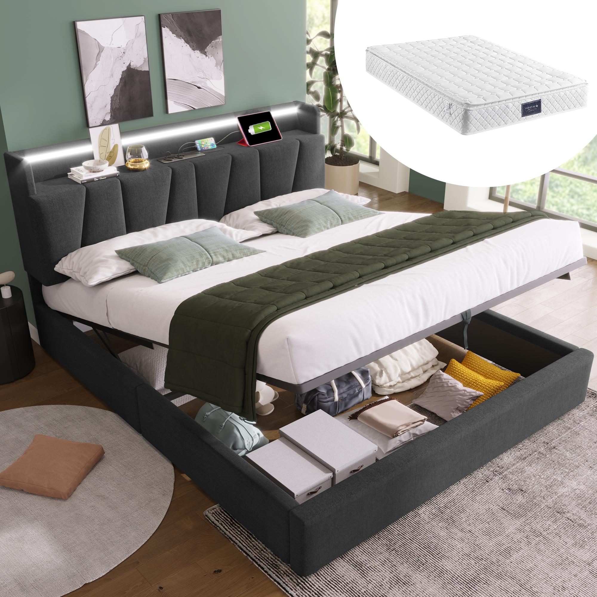Polsterbett Doppelbett mit aufladen USB Ladefunktion Stauraum-Kopfteil und LED-Beleuchtung,Doppelbett 160x200cm, Grau (Mit Matratze)