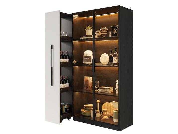 Vitrine Argentier Blanc Noir 110.5x35x160cm porte Vitrée LED tiroir Coulissant Roulettes armoire Haute Multifonction Salle À Manger