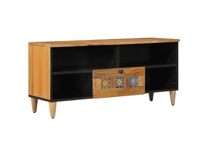 GHVBNMF TV-Schrank Massivholz Mango Lowboard 100x33x46 cm Vielseitiges Mediamöbel aus echtem Holz für Wohnzimmer oder Gästezimmer, mit Schublade und zwei offenen Fächern gestaltet.