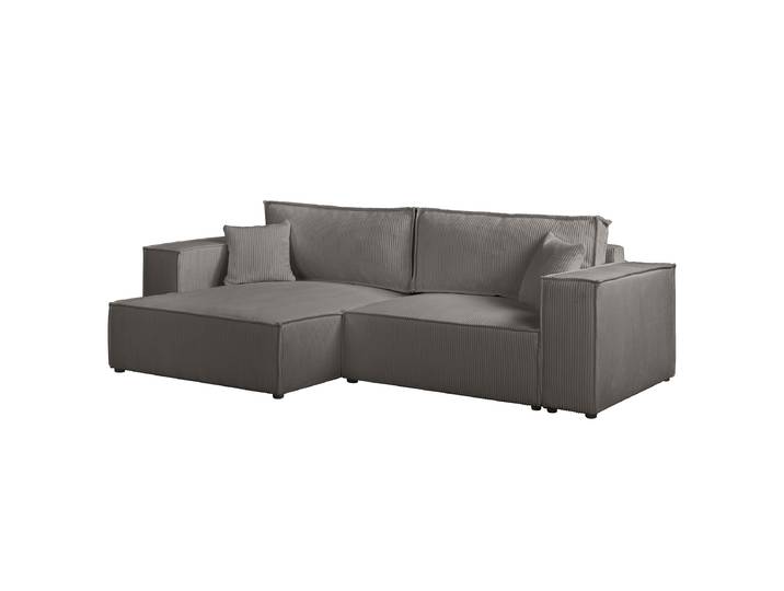 Canapé d’angle convertible 255 cm Gris/Gris Velours côtelé Poppy 255 x 70 x 148cm Méridienne courte montable des deux côtés Avec fonction