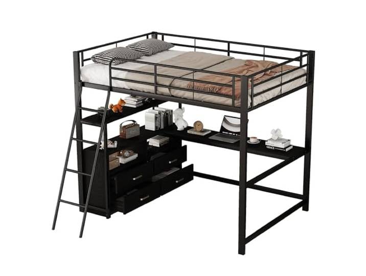 SOFTWEARY Hochbett mit Schreibtisch, Lattenrost, Leiter, Regal, Schubladen und Rausfallschutz, Metallbett, Jugendbett (schwarz, 140x200 cm)