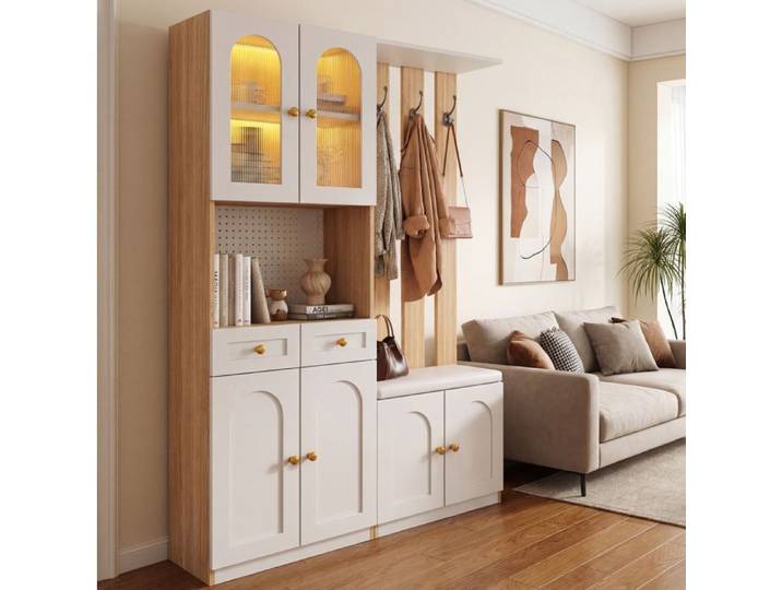 Meuble D'Entree Blanc MDF Vestiaire LED FloraGrace Pour Entree Banc Reversible 120x30x180cm
