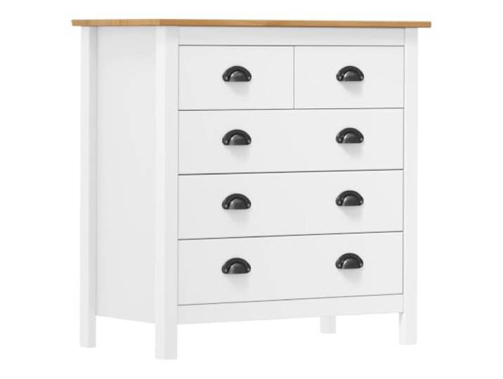 KGFHERENB Sideboard Hill Massivholz Kiefer Weiß Honigbraun 79x40x80 cm Kompakter Beistellschrank fürs Wohnzimmer mit 5 Schubladen, Bechergriffen und Kippschutz aus echtem Kiefernholz.