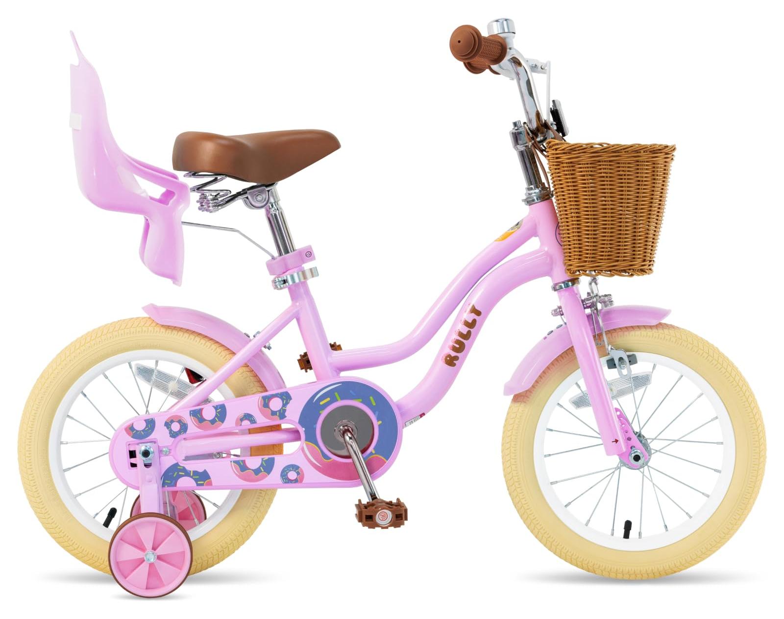 Kinderfahrrad 14 Zoll, rosa, mit Korb und Puppensitz