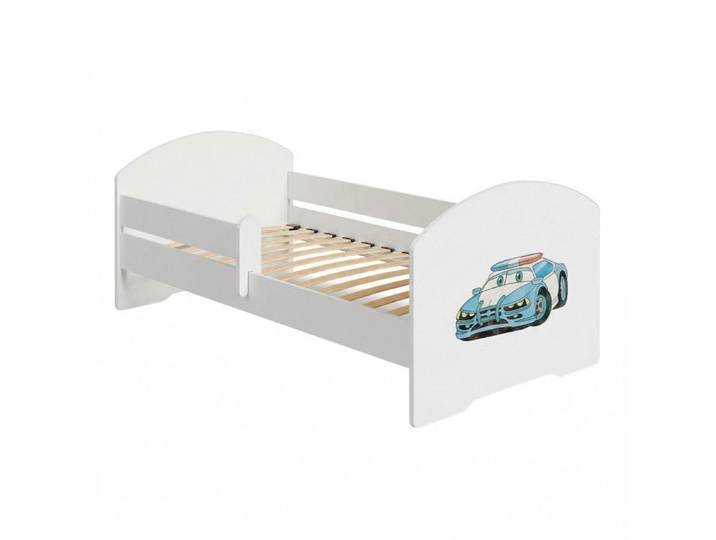 Lit enfant LUK 70×140 cm pour garçon avec sommier et barrière de sécurité – motif voiture de police