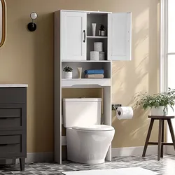 VEVOR Toilettenschrank Badezimmerschrank mit Doppeltür & verstellbarem Regal, platzsparender 3-stöckiger Badschrank über der Toilette mit offenem Regal, 600x210x1651 mm Aufbewahrungsschrank Weiß