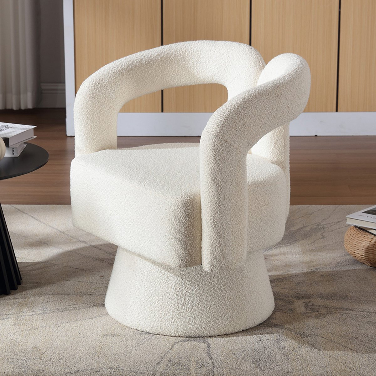 Pugsdrly Comfortabele ronde bijzetstoel, 360 graden draaibaar, beige