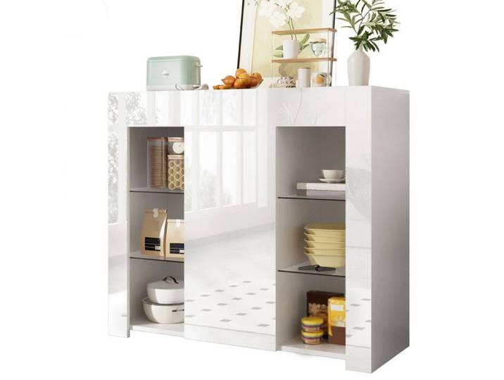 Buffet - Buffet blanc à façade brillante - Blanc brillant - Panneau de particules - Étagères en verre