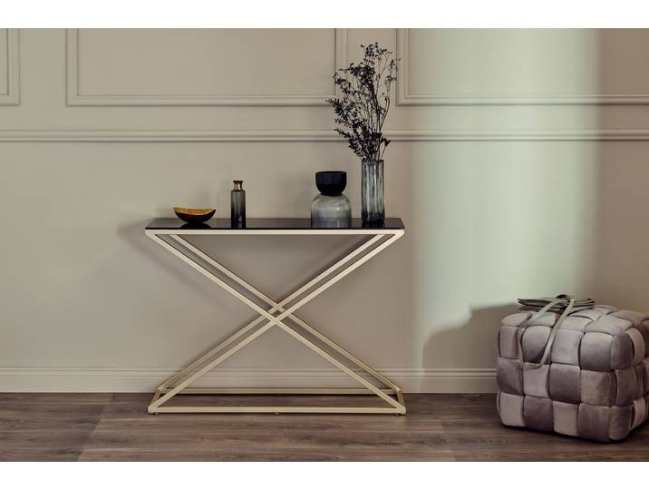 Konsolentisch JAHNKE XTRA CONSOLE , gold (schwarzglas, gold, goldfarben, schwarzglas), B:100cm H:76cm T:30cm, Tische, Konsolentisch, Konsole/Beistelltisch in Gold-Look, aus Sicherheitsglas gefertigt