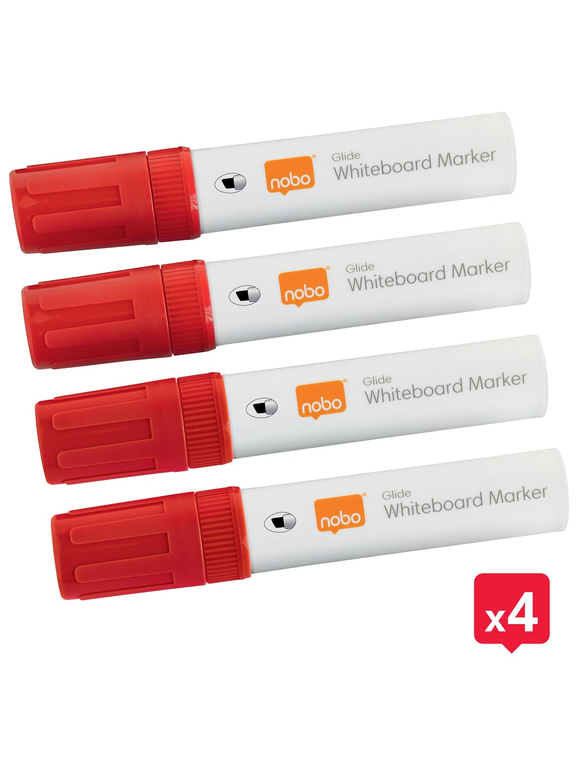 Nobo Glide Boardmarker, trocken abwischbar, große Keilspitze, 4 Stück Rot