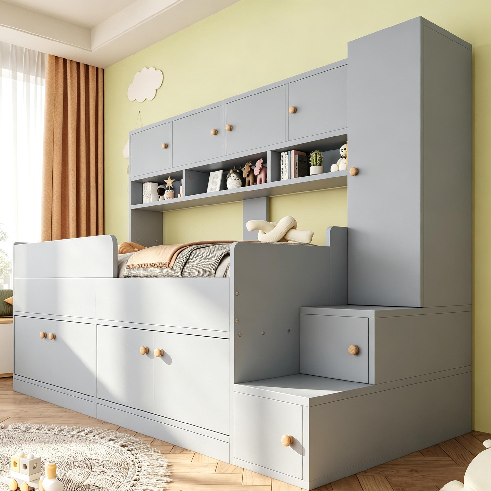 Kinderbett 90 x 200 cm mit Stauraumleiter, Kleiderschrank, Ablagefächern, LED-Beleuchtung und Sicherheitsgeländer, Grau