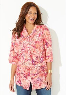 Plus Size Women's Pintuck Buttonfront Blouse by Catherines in Pretty Peony Stamped Paisley (Size 5X)