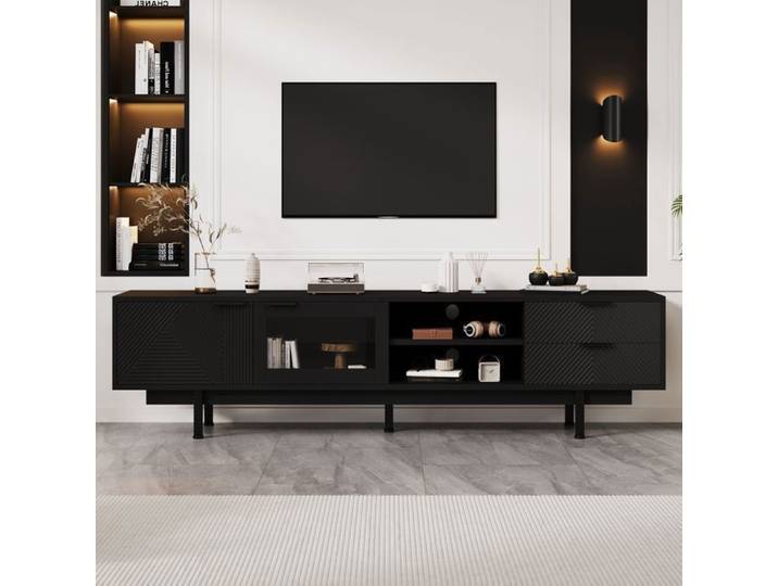 Meuble TV moderne - 2 portes 2 tiroirs - Meuble TV 200x40x50.5cm - Support TV - Grande capacité de stockage - Meuble TV salon -