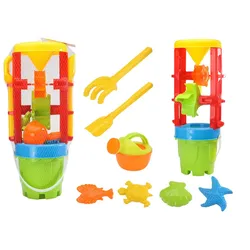 Set aus Sandspielzeug, großer Mühle, Eimer, bunten Formen