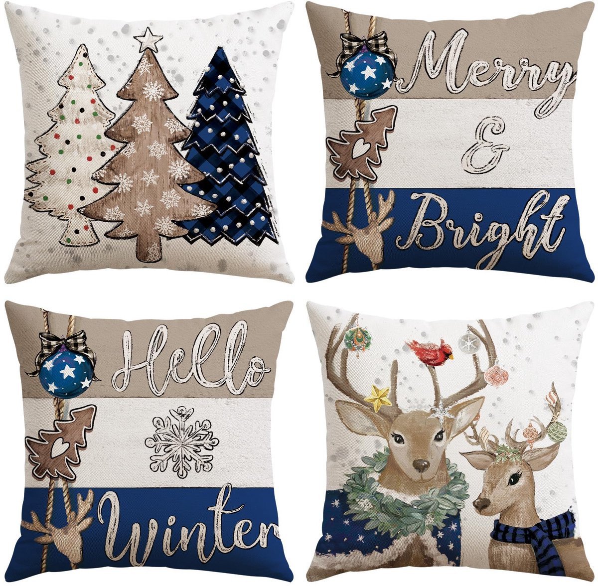 Unyqoos Set van vier decoratieve kussenhoezen met kerstthema