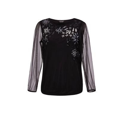 Kurzarmshirt GOLDNER "Langarmshirt mit transparenten Ärmeln", Damen, Gr. 42, schwarz (schwarz, silberfarben, gemustert), Obermaterial: 100% Polyester PES., festlich, gerade, U-Boot-Ausschnitt, keine/nicht relevant, Shirts, keine/nicht Relevant