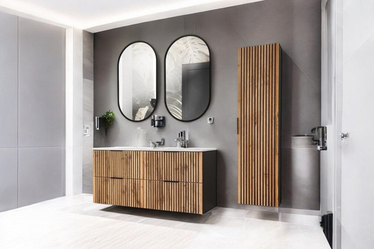 Badmöbel-Set -Mit Möbelwaschbecken, Hochschrank & Spiegel, Xilo X BM02 - Wotan Oak/Gray Rock