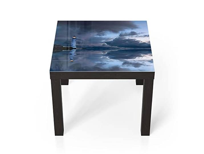 DEQORI Glastisch schwarz klein 55x55 cm Motiv Leuchtturm im Abendlicht ausgefallener Beistelltisch aus Glas Hochglanz Couchtisch fürs Wohnzimmer moderner Couch Tisch mit Design