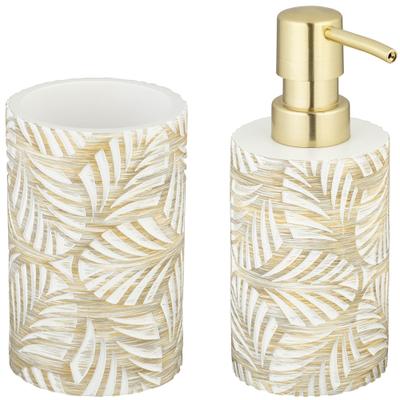 Badaccessoire-Set WENKO "Modell Terralba", weiß, strukturiert, Kunststoff, Polyresin (Kunststein), Badaccessoires-Sets, Seifenspender und Zahnbürstenhalter aus Polyresin, Blätter-Struktur