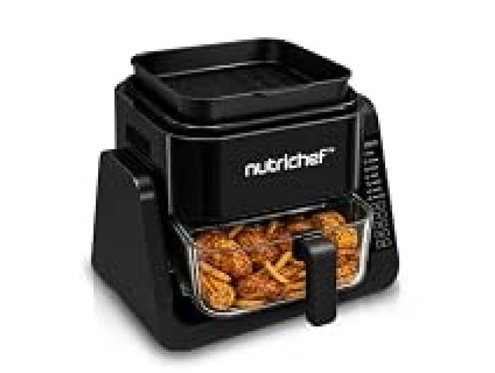 NutriChef Friteuse à Air avec Gril 1500W – Air Fryer à Bol en Verre Transparent 4L et Gril 1,2L, Double Niveau, 8 Programmes, Friteuse Sans Huile Frites, Ailes, Steaks, Noir