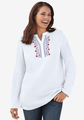 Plus Size Women's Embroidered Thermal Henley Tee by Woman Within in White Vine Embroidery (Size 6X) Long Underwear Top