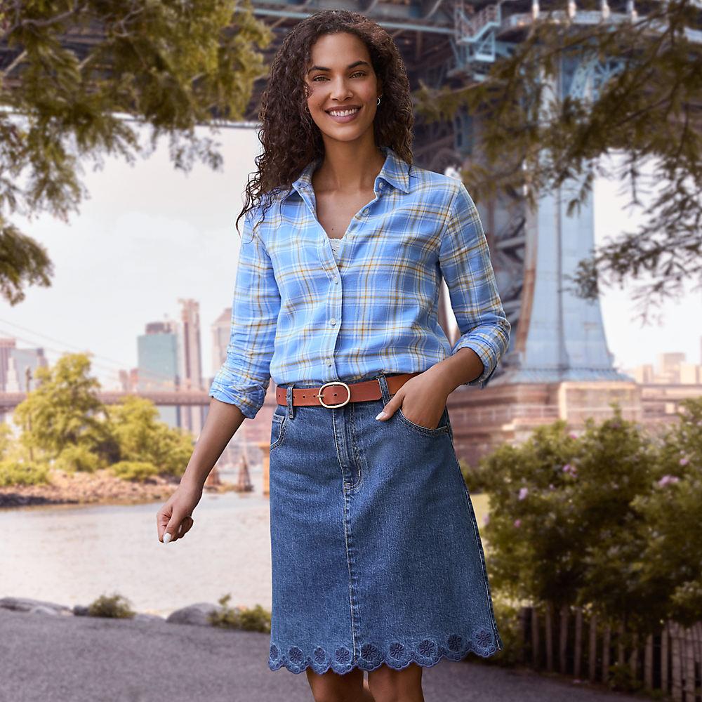 Kurzer Soft Denim Rock mit besticktem Saum, Damen, size: regular, Blau, Elasthan/Baumwoll-Mischung, by Lands' End