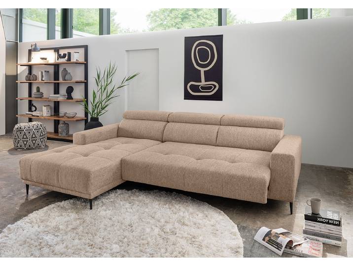 Ecksofa mit Sitztiefenverstellung Braun Webstoff Jimin 276 x 95 x 188cm Longchair davorstehend links Modern