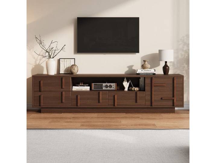 Meuble TV 180x40x45cm MDF meuble bas 4 tiroirs 1 compartiment 2 étagères ouvertes pour TV jusqu'à 75 pouces pour salon noyer