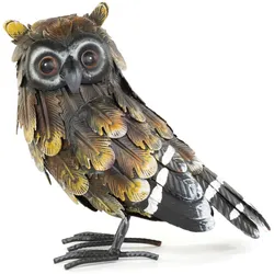 Moritz Deko Eule Gelb-Braun 22 cm - Eulenfigur Metall handbemalt mit 3D-Federstruktur und Federohren Landhausstil für Garten Terrasse Wohnen