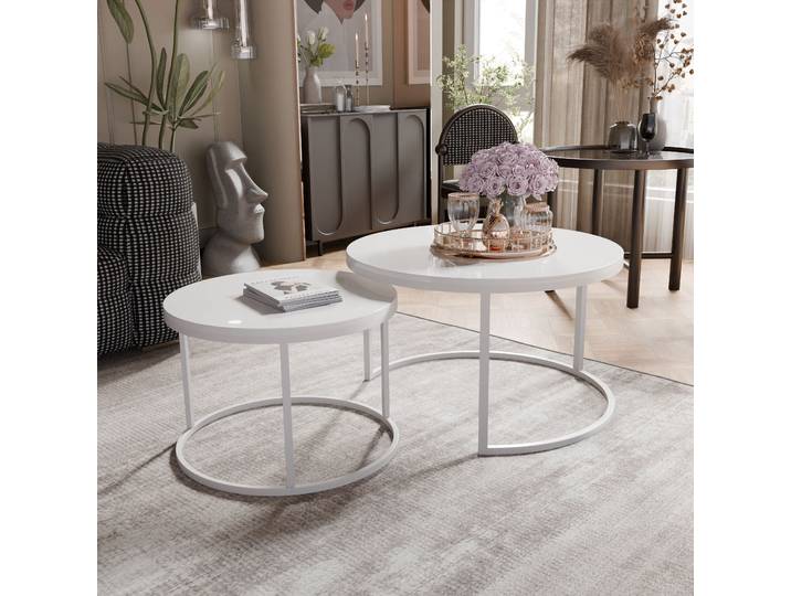 Grekpol Table basse ronde 2en1 Lavo en haute brillance avec structure métallique Table basse de salon Table de salon style moderne 80x48 cm+60x42 cm (Ø x H) Couleur : Blanc / Blanc brillant