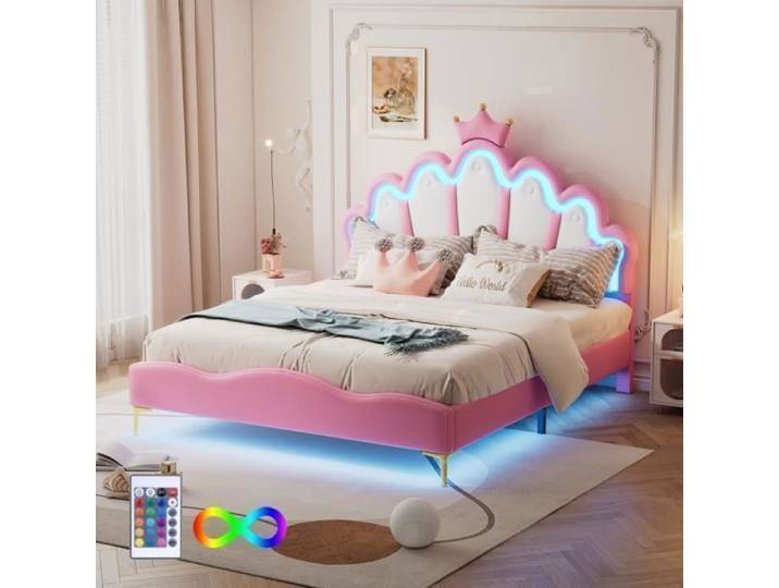 Lit pour enfants - Lit princesse héritière - 140x200cm - LED couleur changeante - Rose