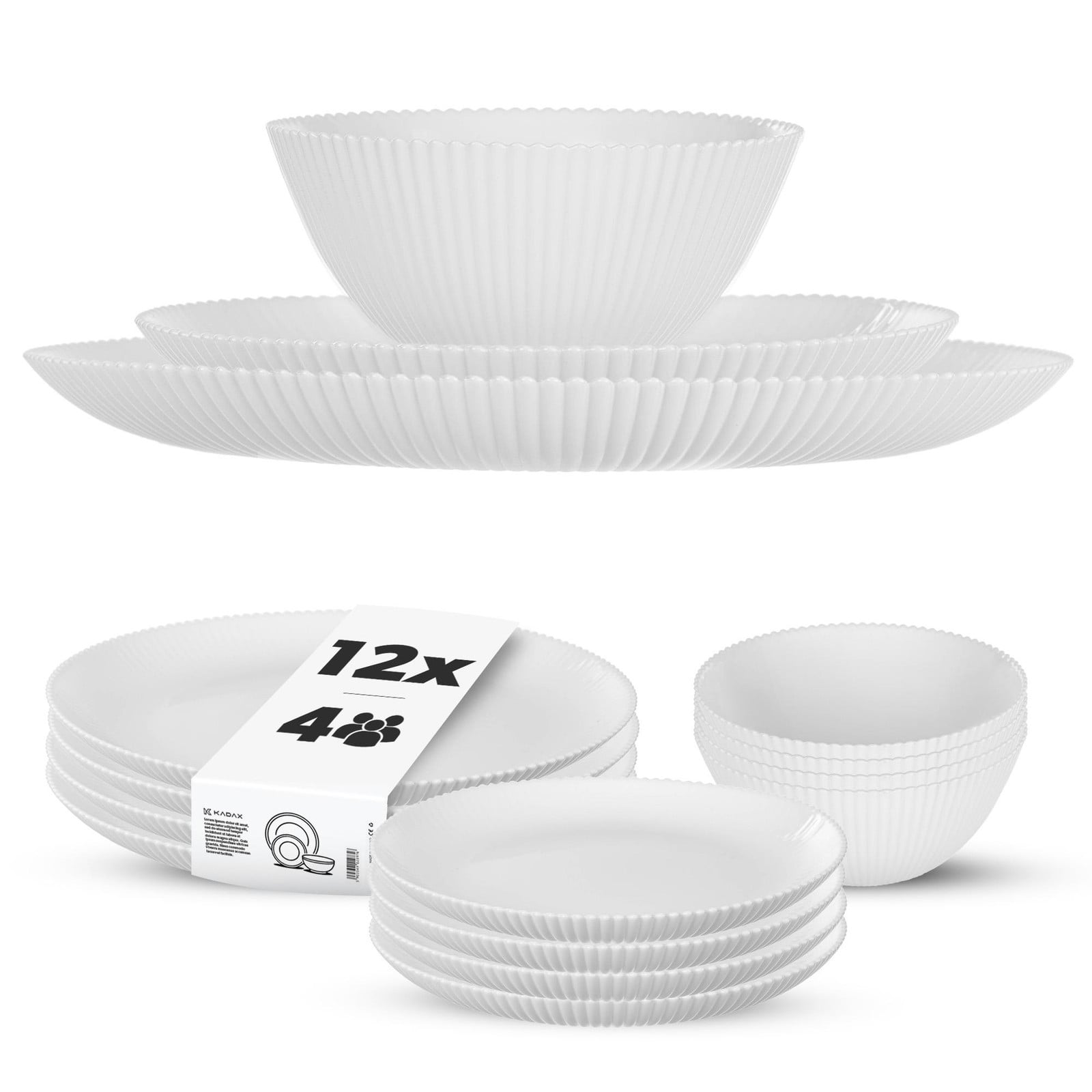 KADAX Serviesset voor 4 personen, 12-delig wit opaalglas servies inclusief soepkommen, dinerborden en dessertborden