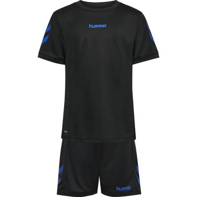 T-Shirt & Shorts HUMMEL "HMLBLAZE CLUB 26 POLY SET KIDS", Mädchen, Gr. 164, schwarz (schwarz, blau), Obermaterial: 100% Polyester, KOB Set-Artikel, mit Seitentaschen, mit gedrucktem Logo am Bein