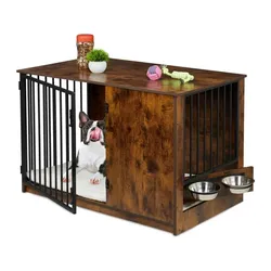 Relaxdays Hundekäfig für Zuhause 2 drehbare Näpfe Dunkelbraun,Schwarz,Silber