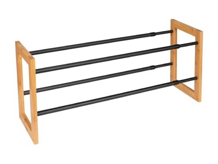 WENKO Schuhregal Ecori, 2 Etagen zur Schuhaufbewahrung, Bambus-Rahmen, Metall-Stangen mit Anti-Rutsch-Oberfläche, ausziehbar, Schwarz