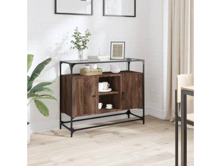RJPLMFV Anrichte Eiche Braun Holz Ingenierie 2 Türen Oberseite aus Glas, geräumige Aufbewahrung, Wandbefestigung im Lieferumfang enthalten, zeitloser Look
