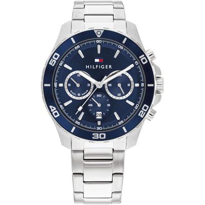 Multifunktionsuhr TOMMY HILFIGER "JORDAN", silber (silberfarben, dunkelblau, dunkelblau), Armbanduhren, Herren, silberfarben, Quarzuhr, Armbanduhr, Herrenuhr, Datum, Edelstahlarmband