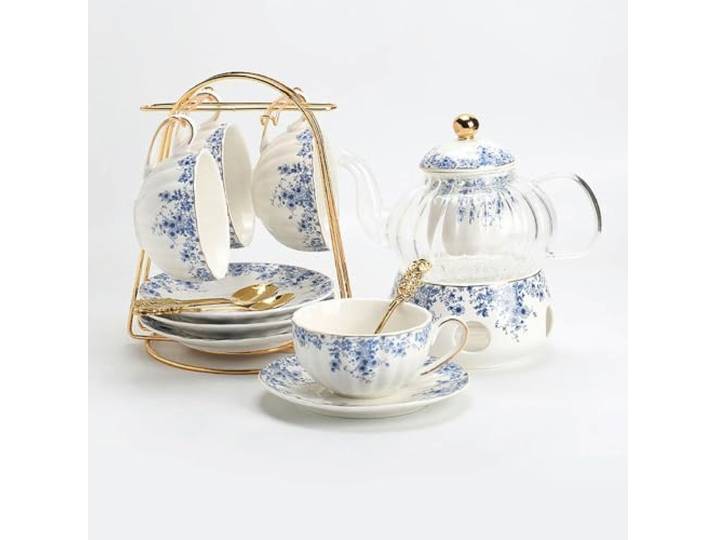 XUEQINER Nachmittagstee-Set, Blumen-Teekanne, Kerze, beheizte Glas-Teekanne, Teetasse, blau-weiße Kaffeetasse und Untertasse aus Porzellan
