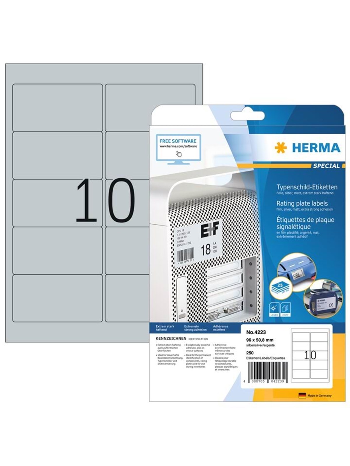 HERMA Typenschild-Etiketten, silber, A4, 96 x 50,8 mm, extrem stark haftend, wetterfest, reißfest