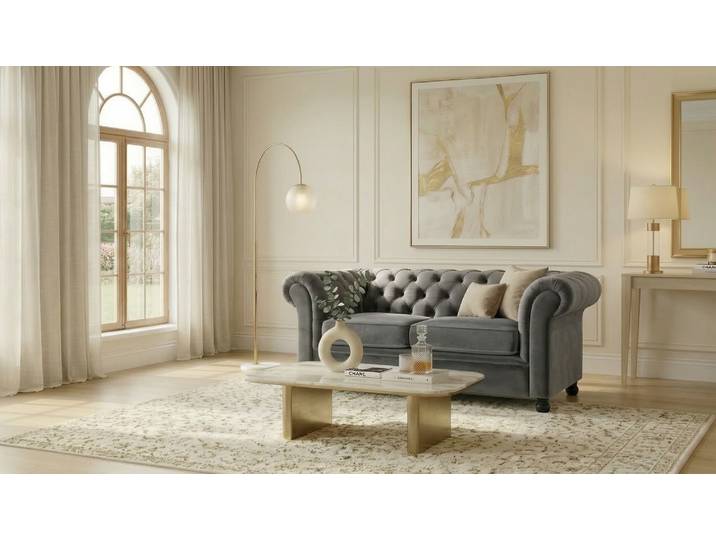 2-Sitzer HOME AFFAIRE BRONNOY Chesterfield Sofa mit aufwendiger Knopfheftung, Breite 152 cm , grau, B:152cm H:75cm T:90cm, 100% Polyester, Sofas, 2-Sitzer, Sofa mit geschwungenen Armlehnen, Chesterfield-Optik, Glamour